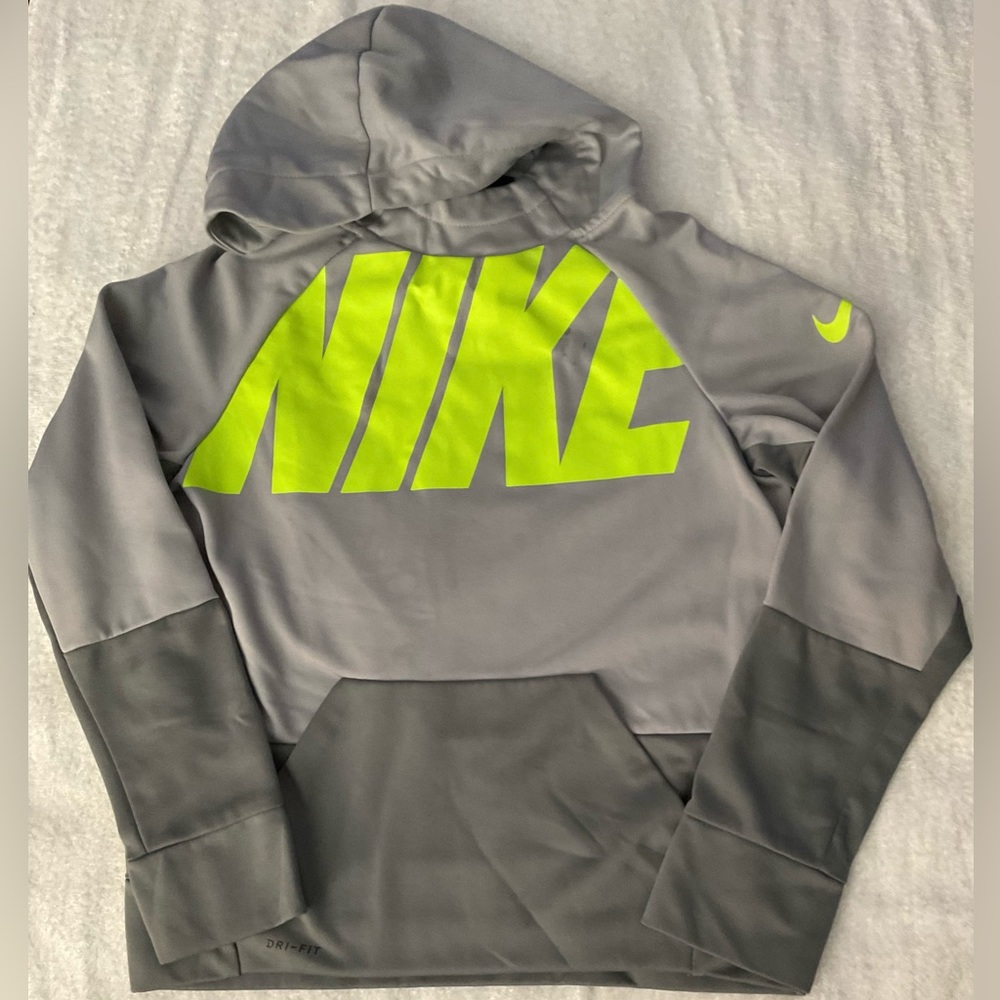 Boys Nike Dry Fit Hoodie Pullover Sweatshirt Size M Medium Gray & Lime Green